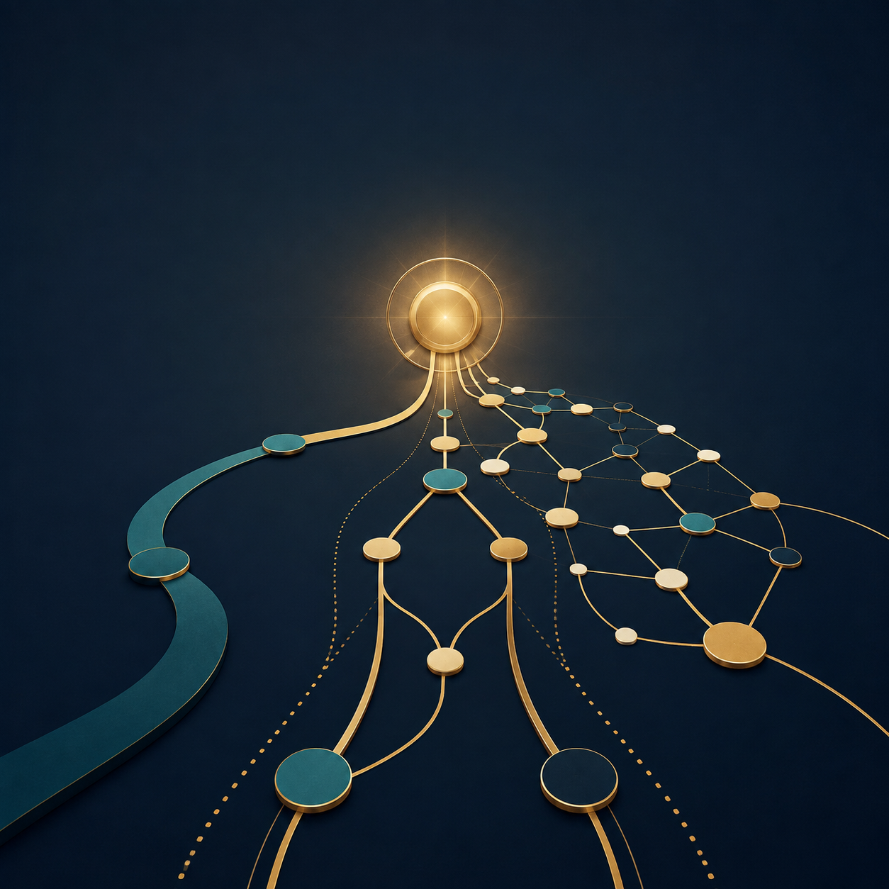 Connected gold pathways converging on a single point of light