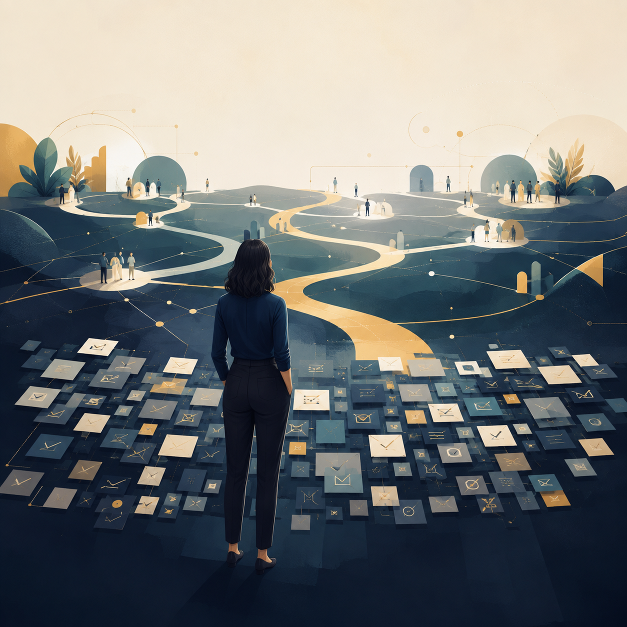 A leader standing before a landscape of scattered content, with connected pathways leading toward the horizon