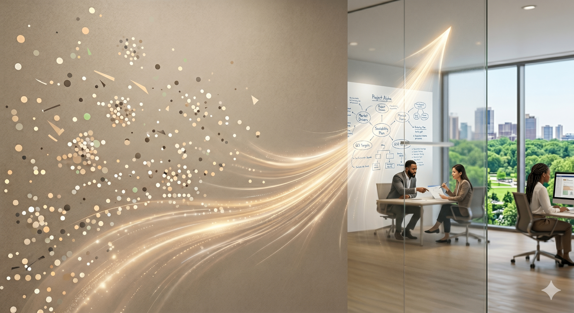 Scattered particles converging into a focused beam of light, with leaders collaborating in a glass-walled office